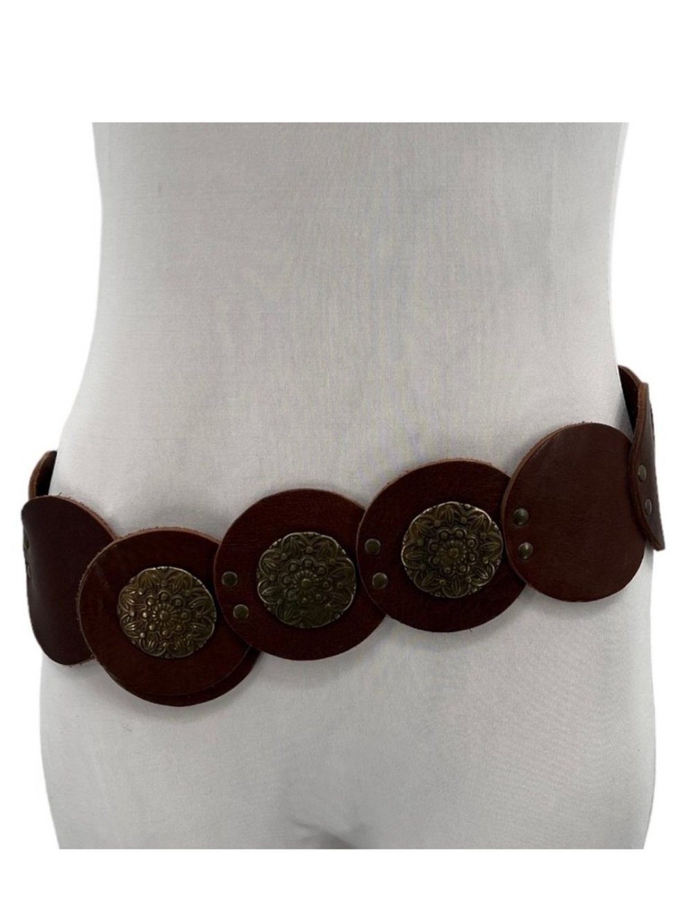 GARUGLIERI Italian Wide Brown Leather Concho Style Medallion Belt